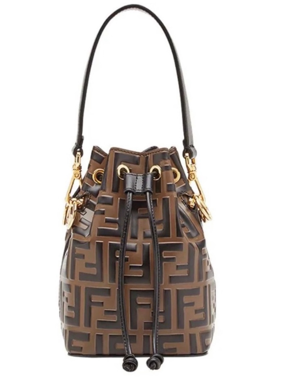 Fendi Mini Bucket Bag Mon Tresor in Brown FF Monogram with Black Trim